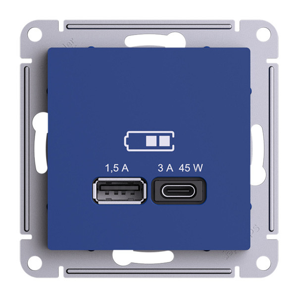 ATN001129 - USB РОЗЕТКА A + тип-C 45Вт высокоскорзаряд QCPD механизм АКВАМАРИН
