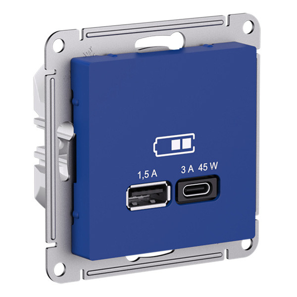 ATN001129 - USB РОЗЕТКА A + тип-C 45Вт высокоскорзаряд QCPD механизм АКВАМАРИН