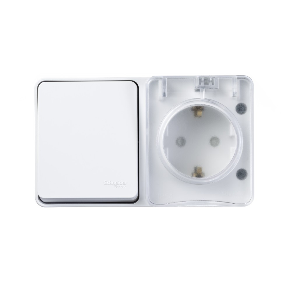 ATN540170 - Profi54 открытый монтаж БЛОК: РОЗTЕТКА з/к со шторками 16А 250B ВЫКЛЮЧАТЕЛЬ 1-клавишный 10А БЕЛЫЙ