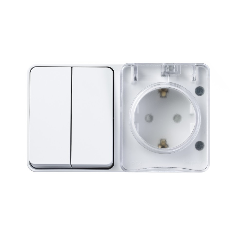 ATN540174 - Profi54 открытый монтаж БЛОК: РОЗTЕТКА з/к со шторками 16А 250B ВЫКЛЮЧАТЕЛЬ 2-клавишный 10А БЕЛЫЙ