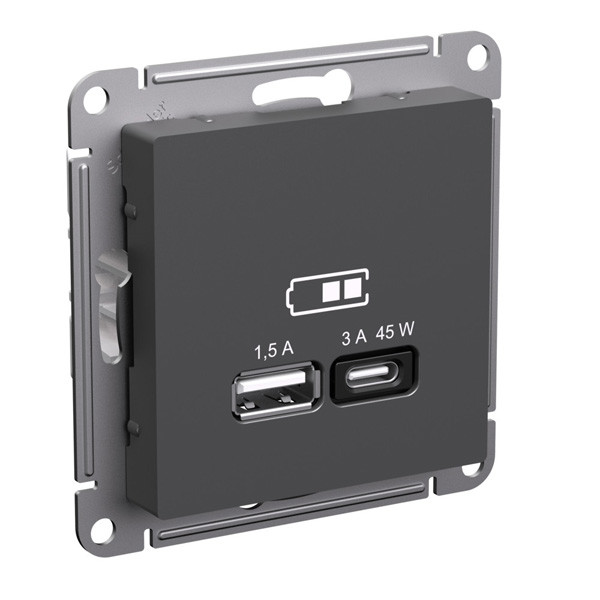 ATN001429 - USB РОЗЕТКА A + тип-C 45Вт высокоскорзаряд QC PD механизм БАЗАЛЬТ