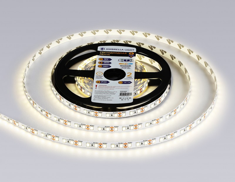 Светодиодная лента Ambrella Light GS1102 2835 120Led /9.6W m/ 12V IP20 4500K 5m/кратность резки 25mm Ambrella Light GS1102 Светодиодная лента Ambrella Light GS1102 2835 120Led /9.6W m/ 12V IP20 4500K 5m/кратность резки 25mm Ambrella Light GS1102