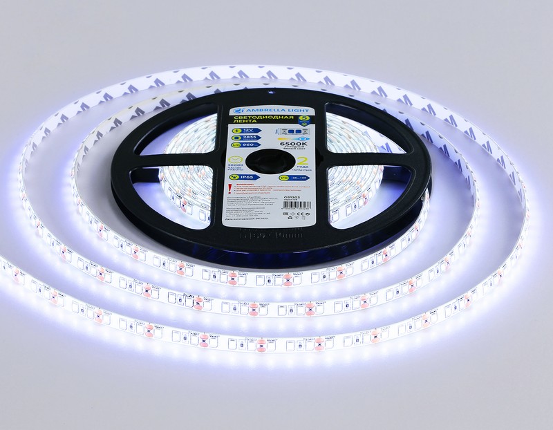 Светодиодная лента Ambrella Light GS1203 2835 120Led /9.6W m/ 12V IP65 6500K 5m/кратность резки 25mm Ambrella Light GS1203 Светодиодная лента Ambrella Light GS1203 2835 120Led /9.6W m/ 12V IP65 6500K 5m/кратность резки 25mm Ambrella Light GS1203
