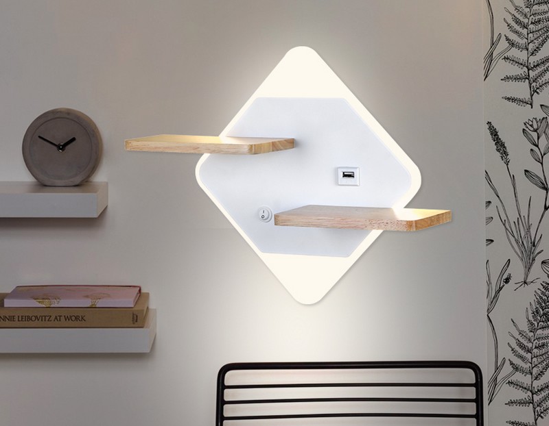 Настенный светодиодный светильник с выключателем, USB портом и полкой Ambrella Light FW100 Настенный светодиодный светильник с выключателем, USB портом и полкой Ambrella Light FW100