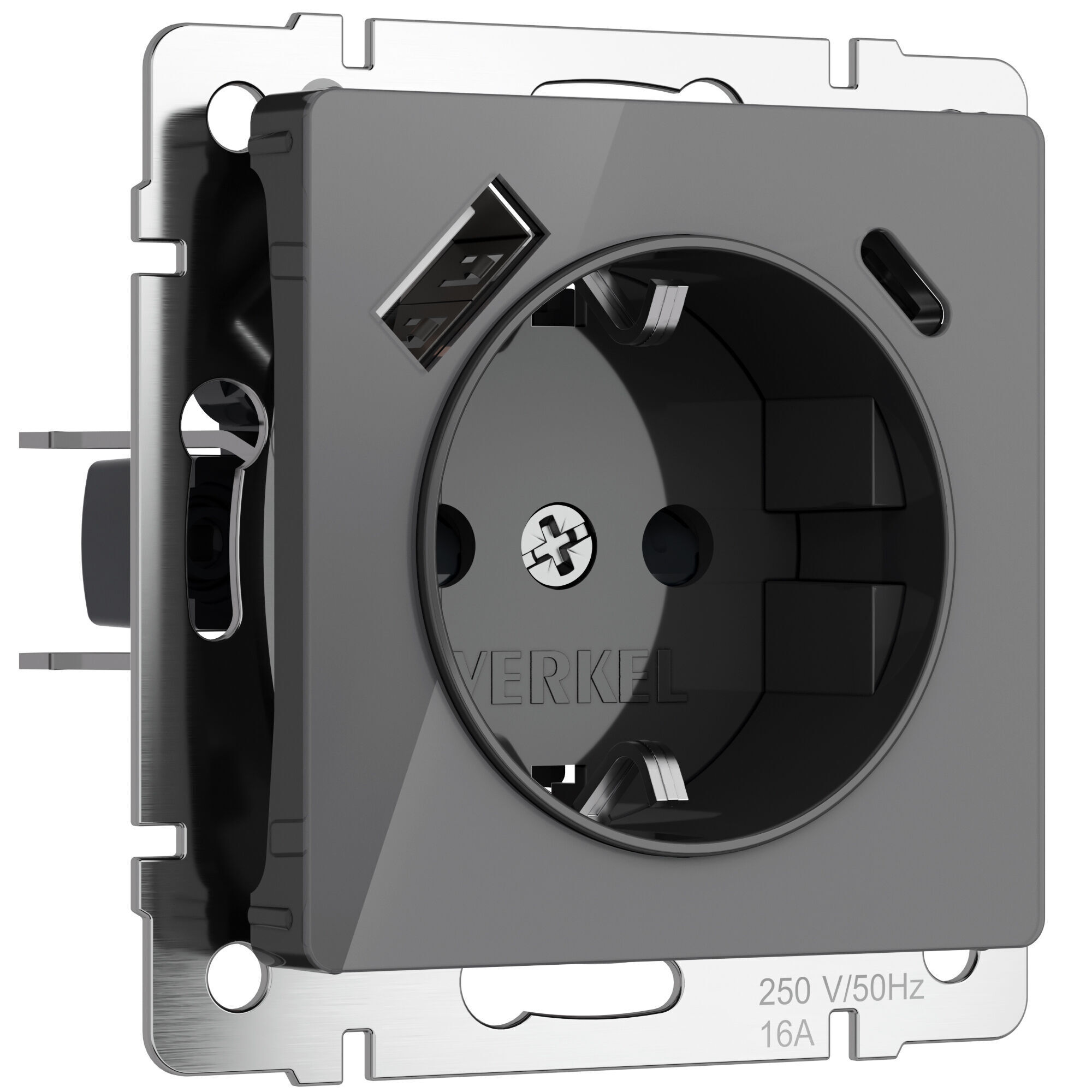Розетка с заземлением, шторками и USB тип A+C графит акрил W1171744 Werkel
