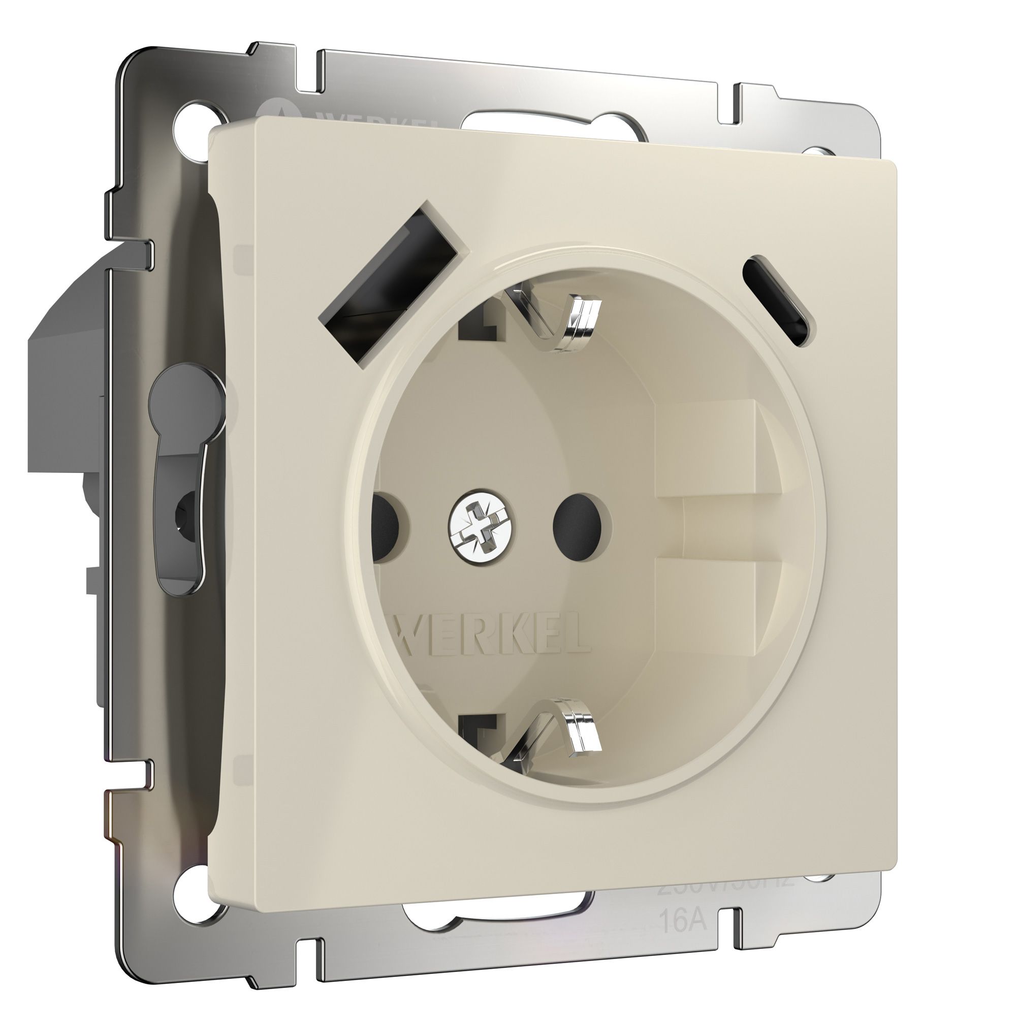 Розетка с заземлением, шторками и USB тип A+C слоновая кость W1171703 Werkel