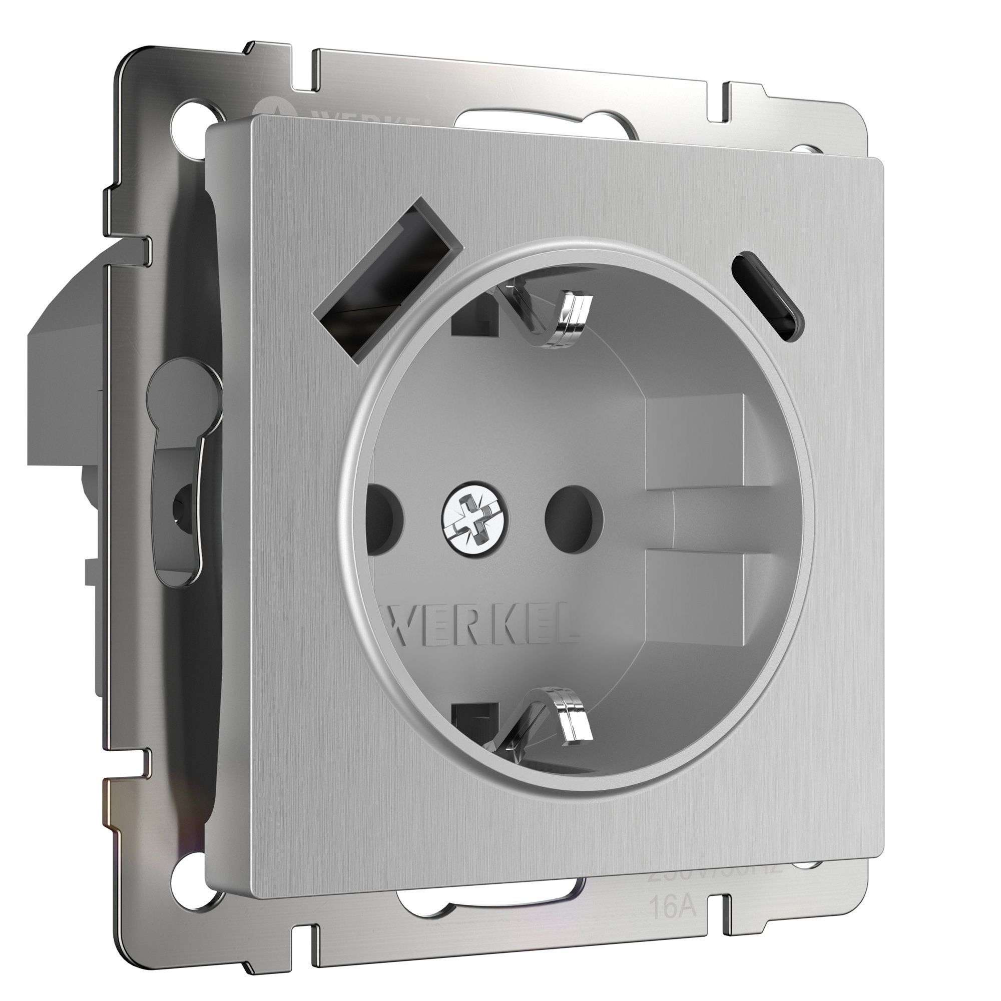 Розетка с заземлением, шторками и USB тип A+C серебряный рифленый W1171709 Werkel