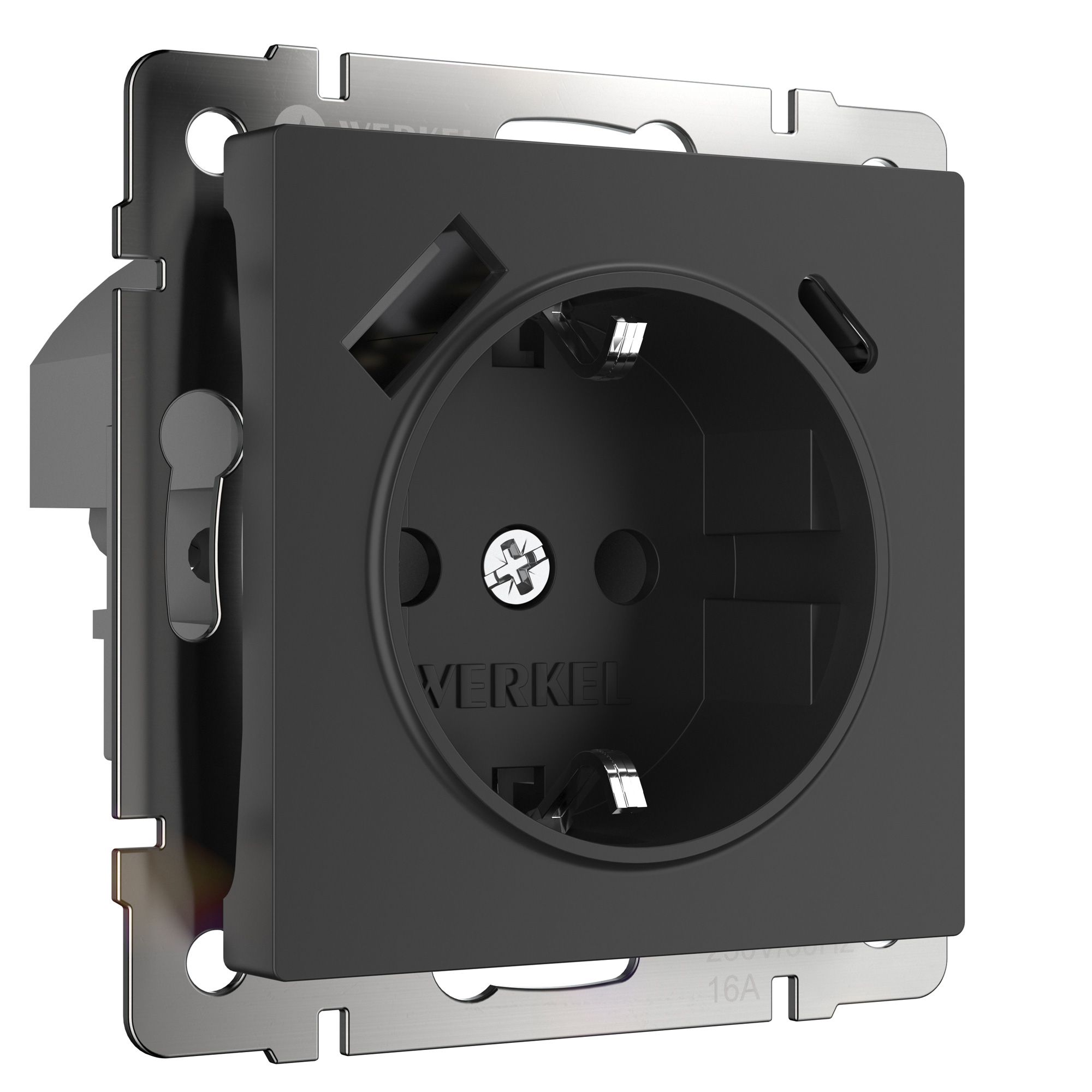 Розетка с заземлением, шторками и USB тип A+C черный W1171708 Werkel