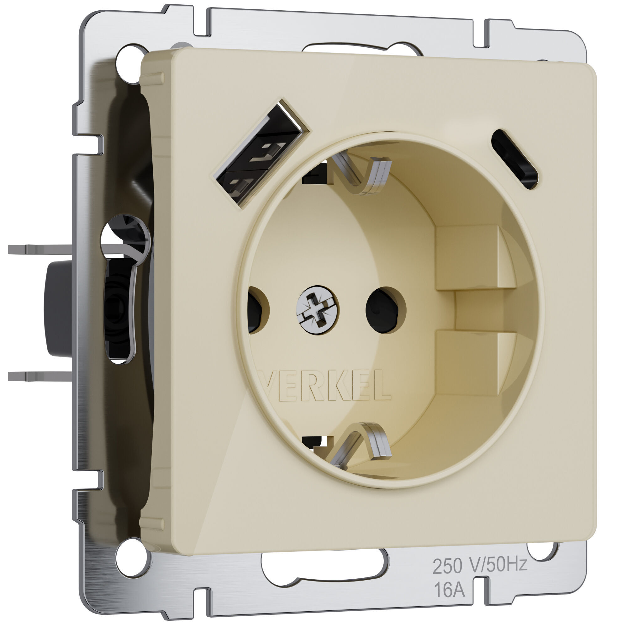 Розетка с заземлением, шторками и USB тип A+C (айвори акрил) W1171743 Werkel