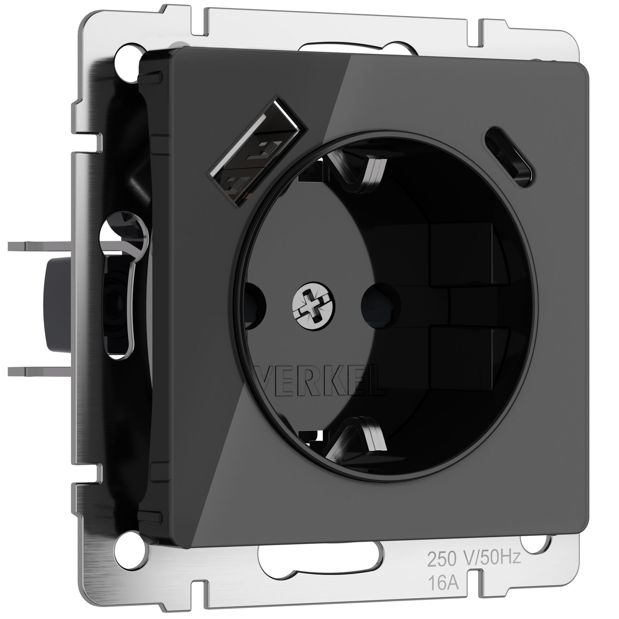 Розетка с заземлением, шторками и USB тип A+C черный акрил W1171748 Werkel